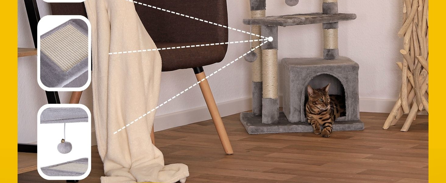 Котячий будиночок Lionto з лежанкою та печерею, 75 см, з сизалевого мотузка та плюшу, 2 м'ячики з дзвіночками, для кошенят та дорослих котів, сірий