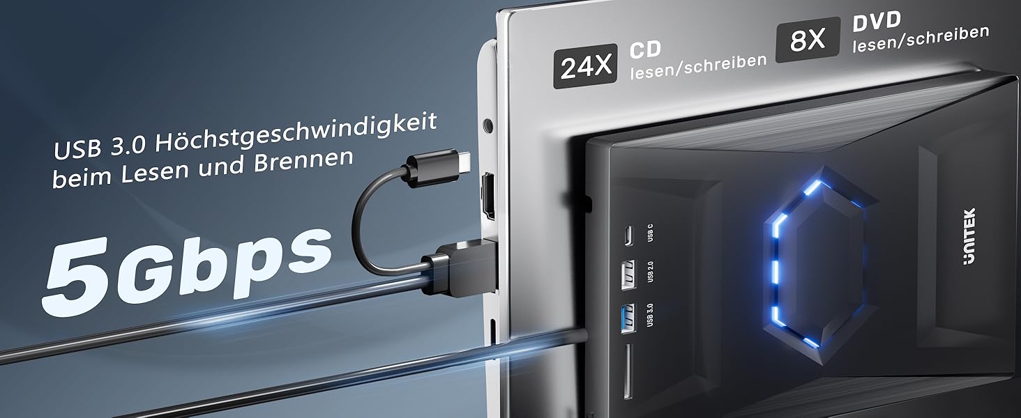 Зовнішній CD/DVD привід UNITEK USB-C/USB 3.0 з картридером SD та USB-хабом, портативний DVD-плеєр та записувач CD-ROM для ноутбука, ПК, Windows, Linux, macOS, чорний