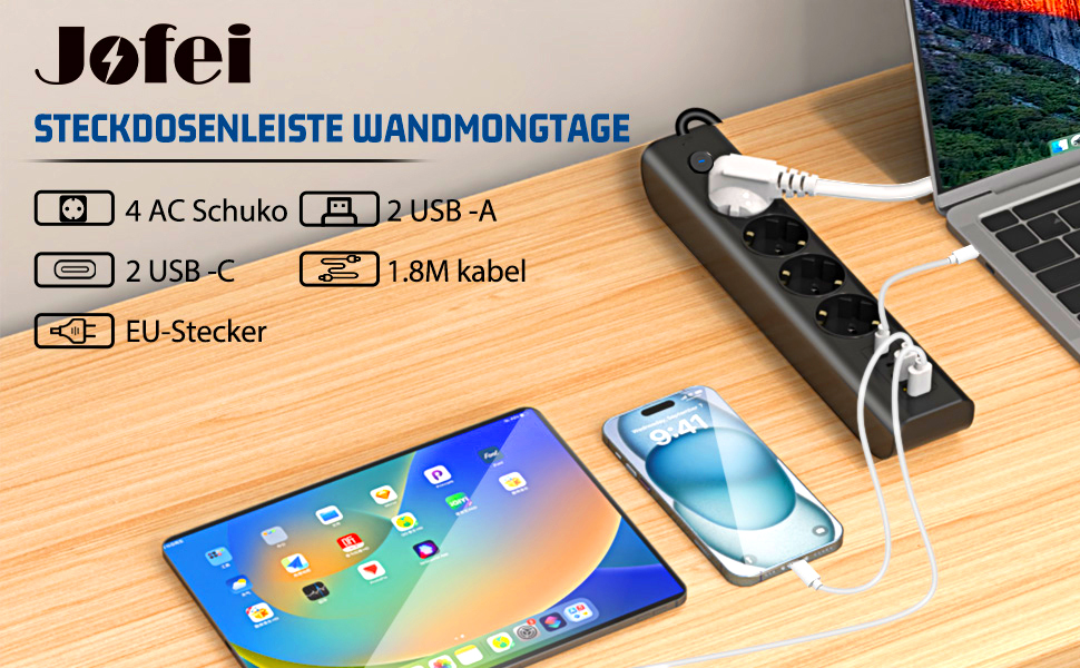 Многофункціональна мережева розетка 8 в 1 з USB, 3680W, з вимикачем, 16A, 2 USB-C, для смартфонів, ноутбуків, iPad, білий/чорний, 1.8м кабель