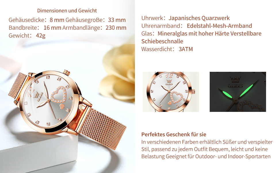 Годинник жіночий OLEVS Roségold: стильні годинники з нержавіючої сталі з мережевим ремінцем, водонепроникні, з діамантовим серцем (білий циферблат/рожеве золоте браслет)