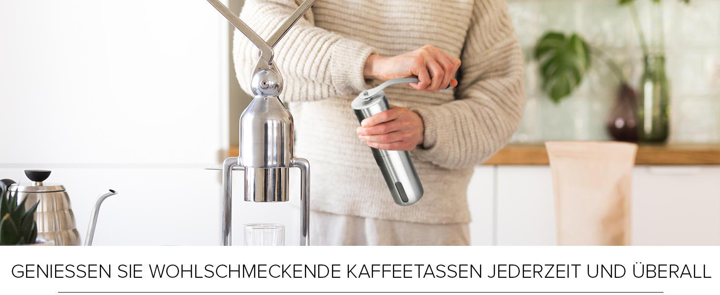 Кавомолка ручна Joeji's Kitchen з керамічним жорном - портативна кавомолка для еспресо з нержавіючої сталі, мішок з льону та щітка для чищення
