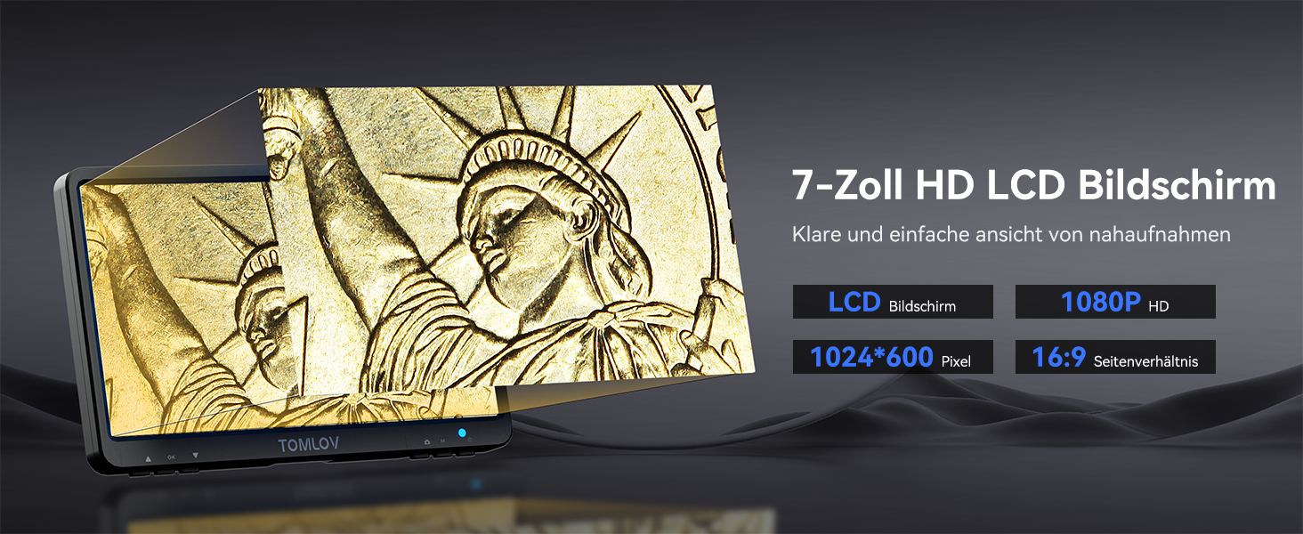 TOMLOV DM9 7' LCD цифровий мікроскоп 1200x, 1080P USB, 12MP, з підсвічуванням LED, для PC/Windows/Mac, 32GB