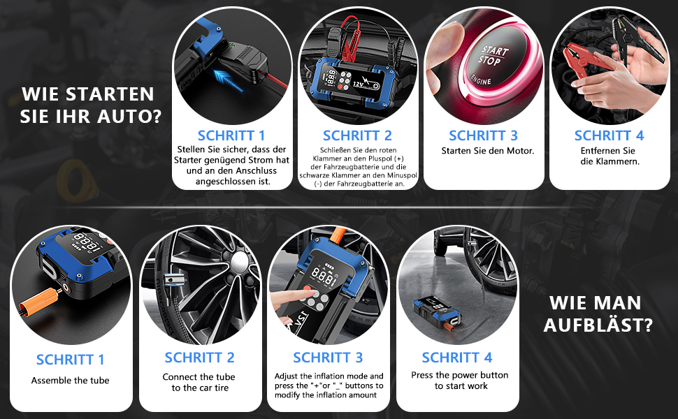 Powerbank Starthilfe 150PSI: портативний стартер для авто з компресором, 26800mAh, LED-ліхтар, LCD-дисплей