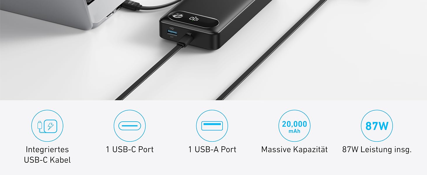 Powerbank Anker 20000mAh з вбудованим USB-C кабелем, 87W, 1 USB-C та 1 USB-A, для MacBook, iPhone, Samsung, Switch та інших пристроїв (Чорний)