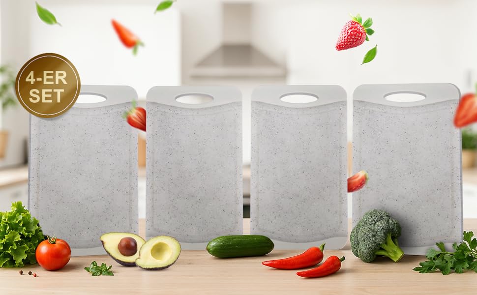 Набір дощок для сніданку NEOFLAM® 4 шт. 25x14 см - дошки для нарізання з нержавіючої сталі, BPA-free, антибактеріальні, з жолобом для соку, чорні, під миття в посудомийній машині