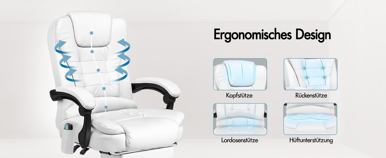 Офісне крісло Alfordson з ергономічною підтримкою попереку, регульоване, з підлокітниками та функцією масажу, PU шкіра, біле