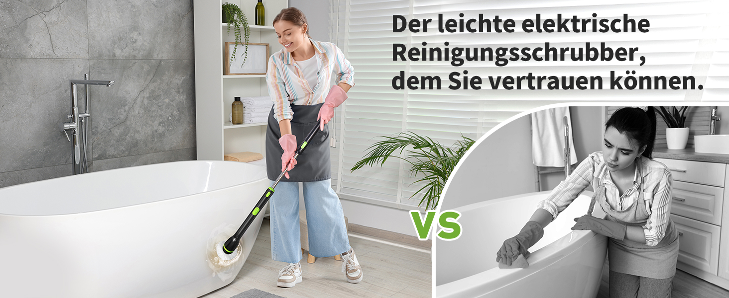 Електрична щітка для прибирання LyriFine, водонепроникна IPX7, з довгим руків'ям, 2 швидкості, змінна насадка, для ванної кімнати, білий (світло-зелений)