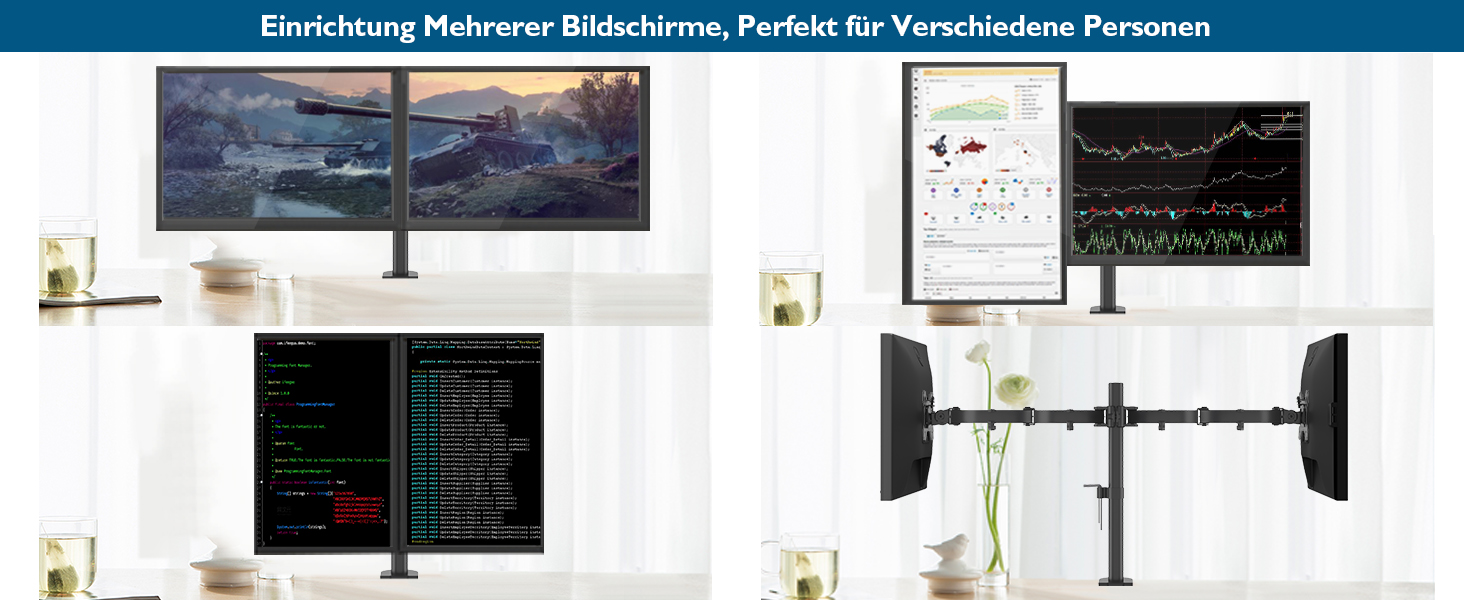 Підставка для монітора BONTEC для 2 моніторів 13-27 дюймів (плоскі та вигнуті), регульована по висоті, нахил, поворот, оберт, чорний, VESA 75x75/100x100, 10 кг/arm