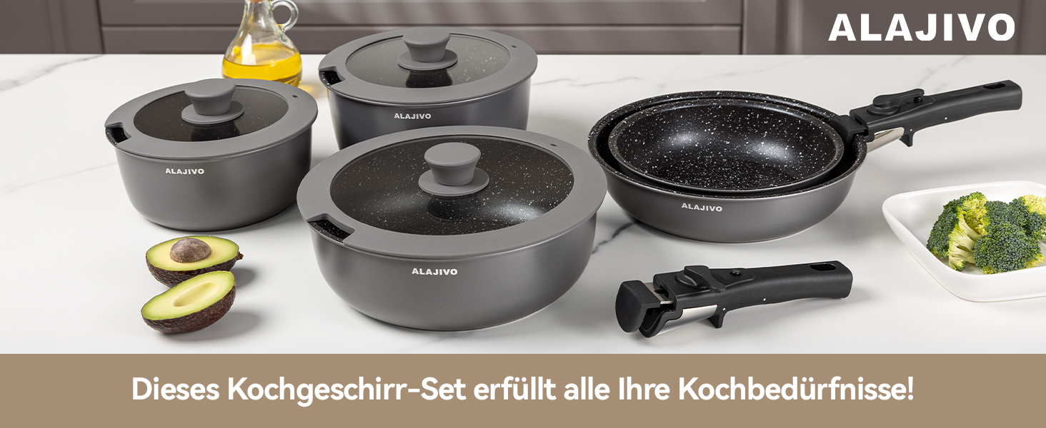 Набір каструль та сковорідок 17 частин з знімним ручками, антипригарне покриття, для всіх типів плит, включаючи індукційні, та духовка, сірий колір