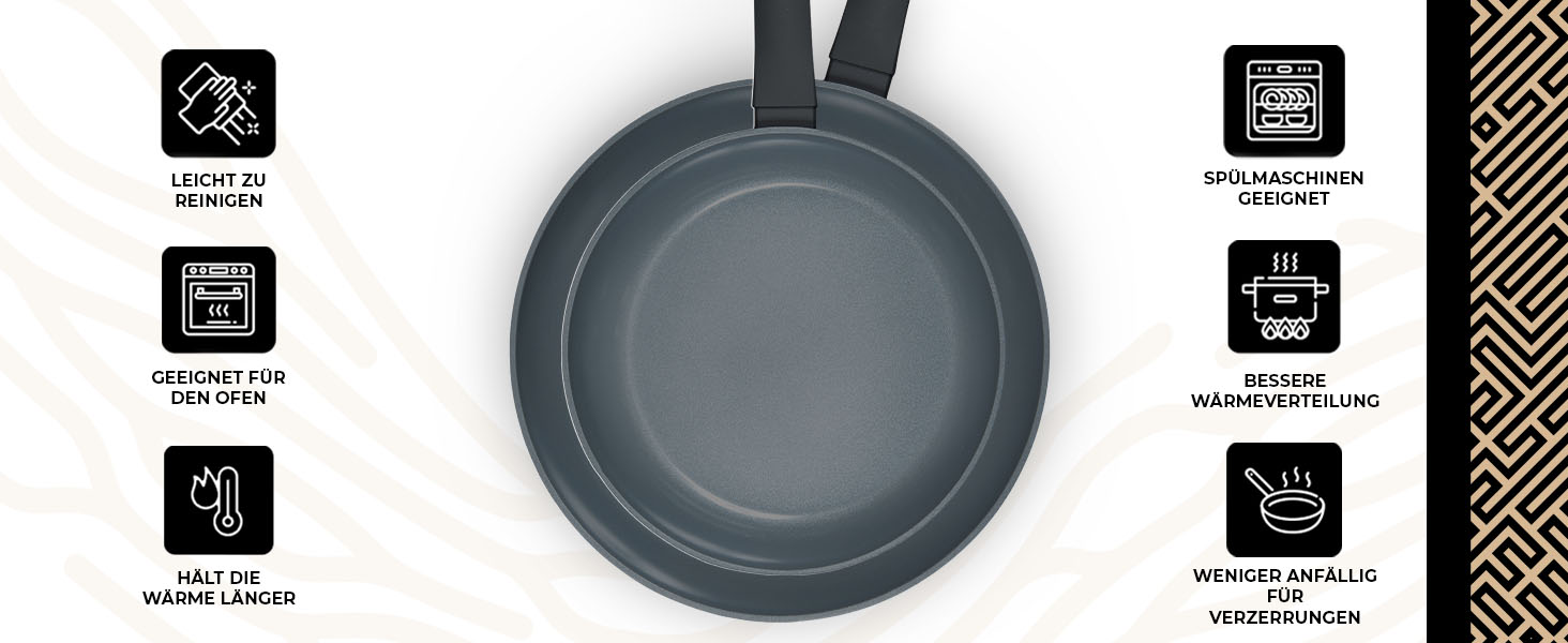 Набір сковорідок Be Living Delight 4 шт. (20/24/28 см + вок 28 см з кришкою), антипригарне покриття з кераміки, для індукційних плит, без PTFE та PFOA, чорний