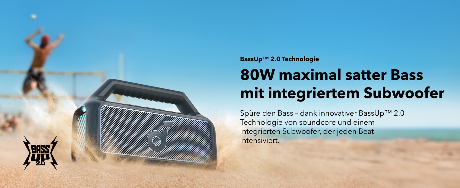 Soundcore Boom 2 - портативна Bluetooth колонка, 80W, сабвуфер, LED-підсвічування, IPX7, 24h, USB-C, BT 5.3, для кемпінгу, пляжу, саду (блакитна)