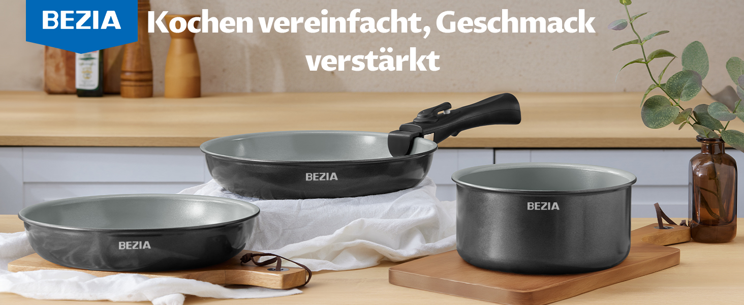 Набір каструль Bezia з керамічним покриттям (9 предметів) - каструлі та сковорідки для індукційних плит, антипригарне покриття, для кемпінгу, сумісні з усіма типами плит, складені, набір сковорідок, придатні для духовки