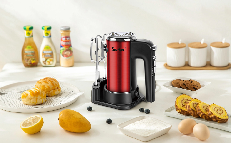 Ручний міксер Sonifer 400W з нержавіючої сталі, 5 швидкостей, Turbo-режим, тихий мотор, з набором аксесуарів (2 вінчики, 2 гаки, підставка), червоний