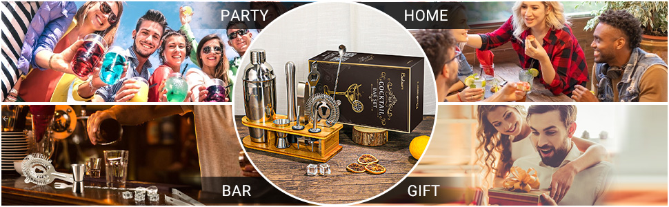 Набір для коктейлів Baban Edelstahl, 10 предметів: шейкер, підставка з бамбука, мірний стакан, барна ложка, 750 мл. Подарунок для дому або бару