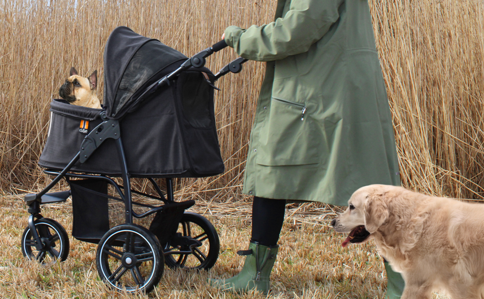 COOPER Складаний собачий візок до 32 кг | Регульована висота ручки, кошик для покупок | М'які ручки, світловідбиваючий дизайн | Ідеальний для транспортування тварин – Чорний