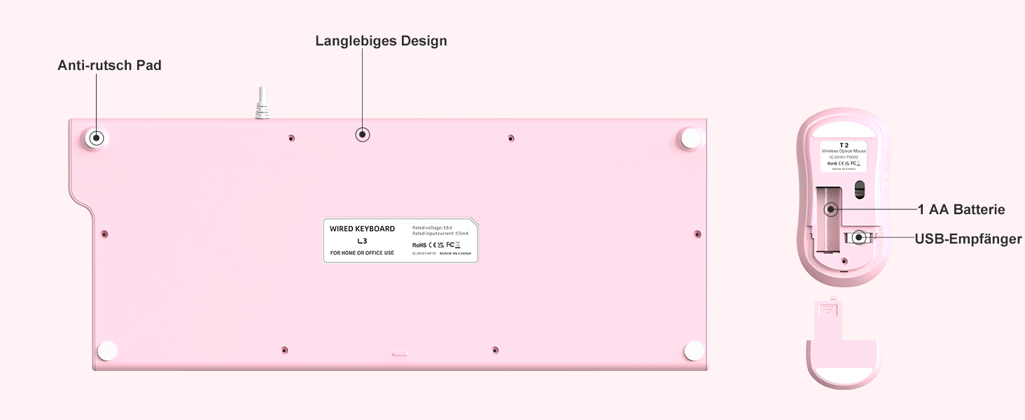 Ігрова клавіатура та миша RaceGT з RGB підсвічуванням, 104 клавіші, вологостійка, 7 кнопок миші 6400 DPI, QWERTZ (DE-Layout), рожевий кабель
