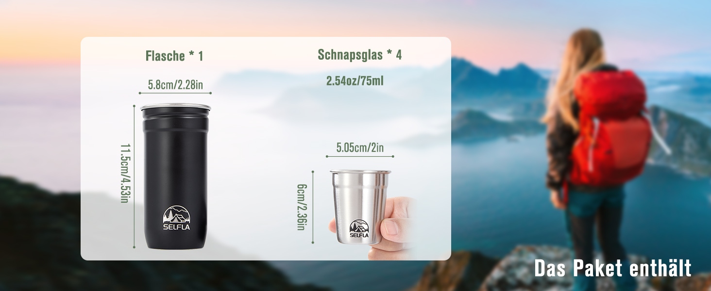 Набір сталевих чашок SELFLA – сталеві шотери з портативною пляшкою, чашки для кемпінгу та подорожей, металеві чашки для туризму, альпінізму та пригод – легкі, міцні та легко миються (чашки)