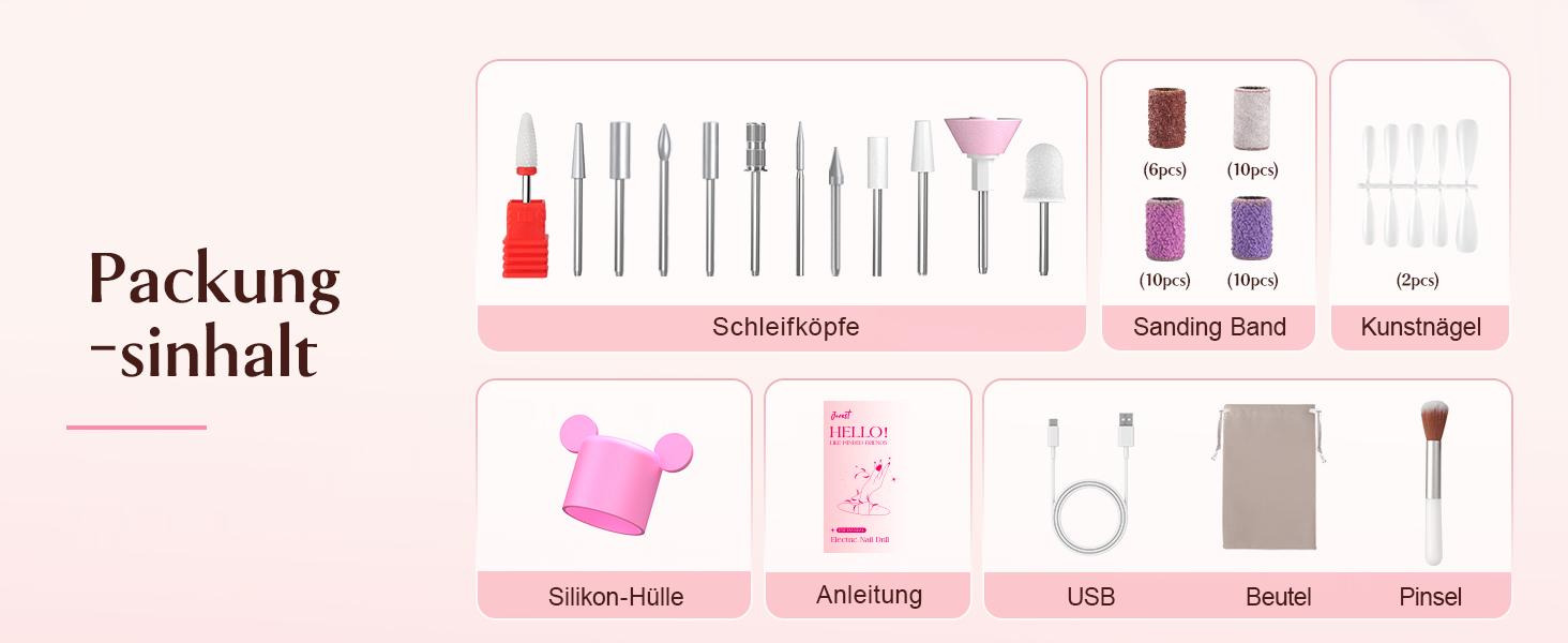 Електрична фрезерна машинка JOREST 13-в-1 бездротова, 35 000 об/хв, 6 режимів - набір для манікюру для гелевих та акрилових нігтів, догляд за нігтями для початківців, рожевий колір