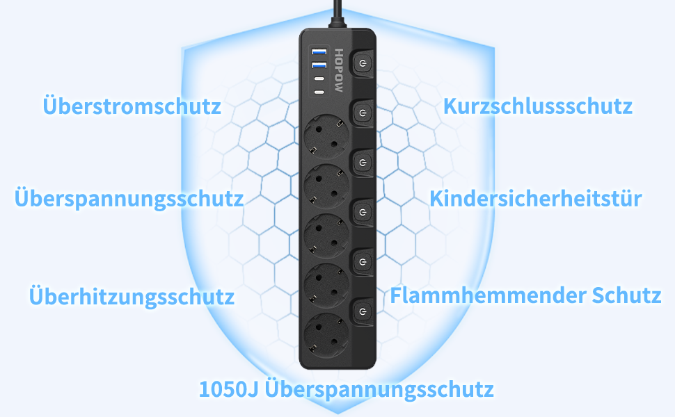 Мережевий фільтр 9-в-1 з індивідуальним вимикачем, 5 розеток, 4 USB-порти (3680W, 16A), захист від перенапруги 1050 Дж, настінний монтаж, 2 м кабель - для дому, офісу та подорожей, чорний