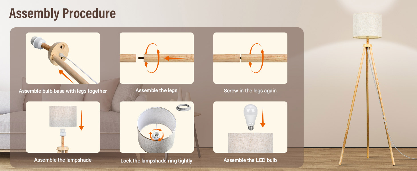 Стельова лампа для вітальні, LED, регулювання яскравості, 3 колірні температури, дерев'яна, з таймером, з абажуром, з вимикачем для вітальні, спальні, офісу