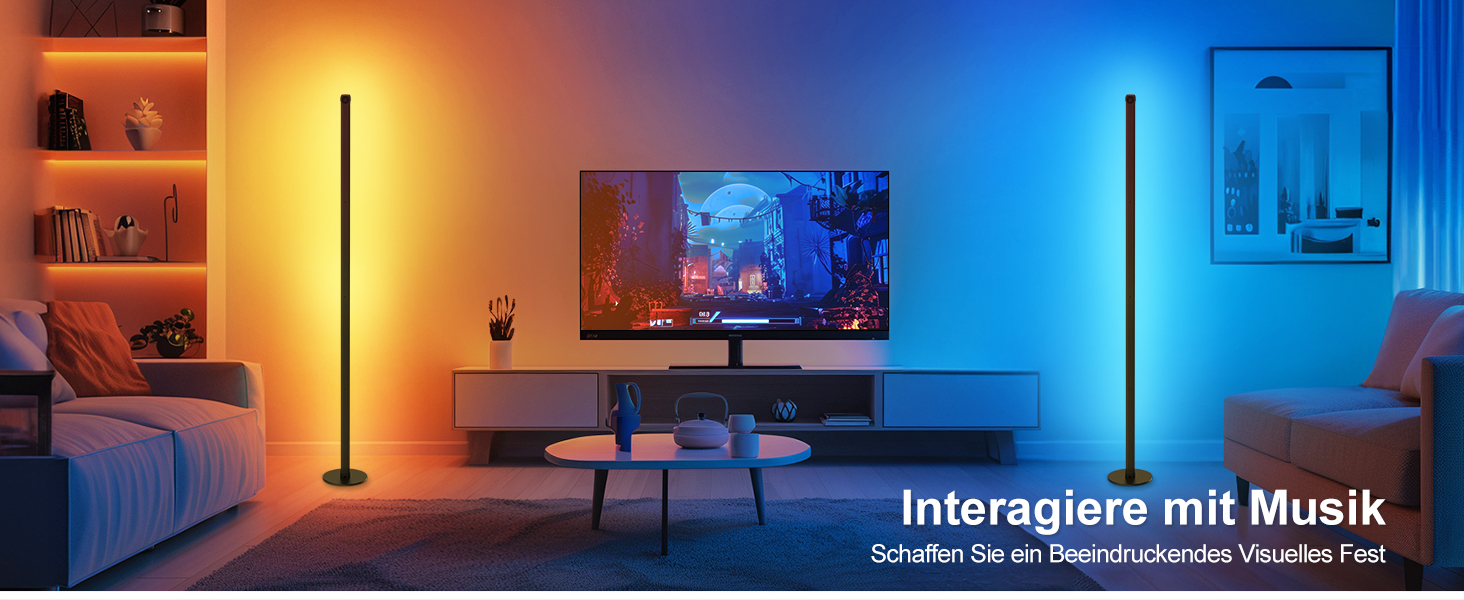 LED-лампа на підставці HANDSONIC RGBIC, 140 см, чорна, для вітальні, з регулюванням яскравості, 16 мільйонів кольорів, керування через додаток, кут освітлення 180°, ідеально для геймінгу