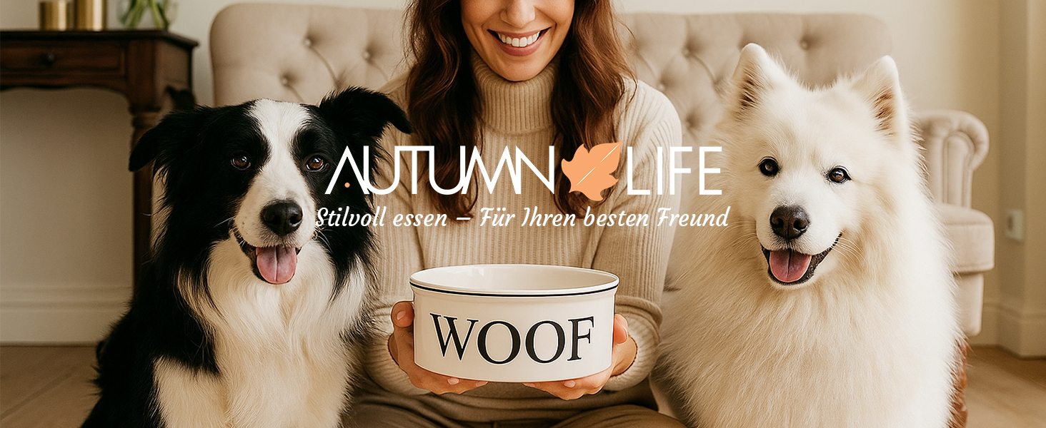 Керамічна годівниця для собак Autumnlife 2.2L з піднятою платформою. Підходить для собак середніх та великих порід, котів. Миска для води та корму, безпечна для миття в посудомийній машині та розігріву в мікрохвильовці. Білий колір.