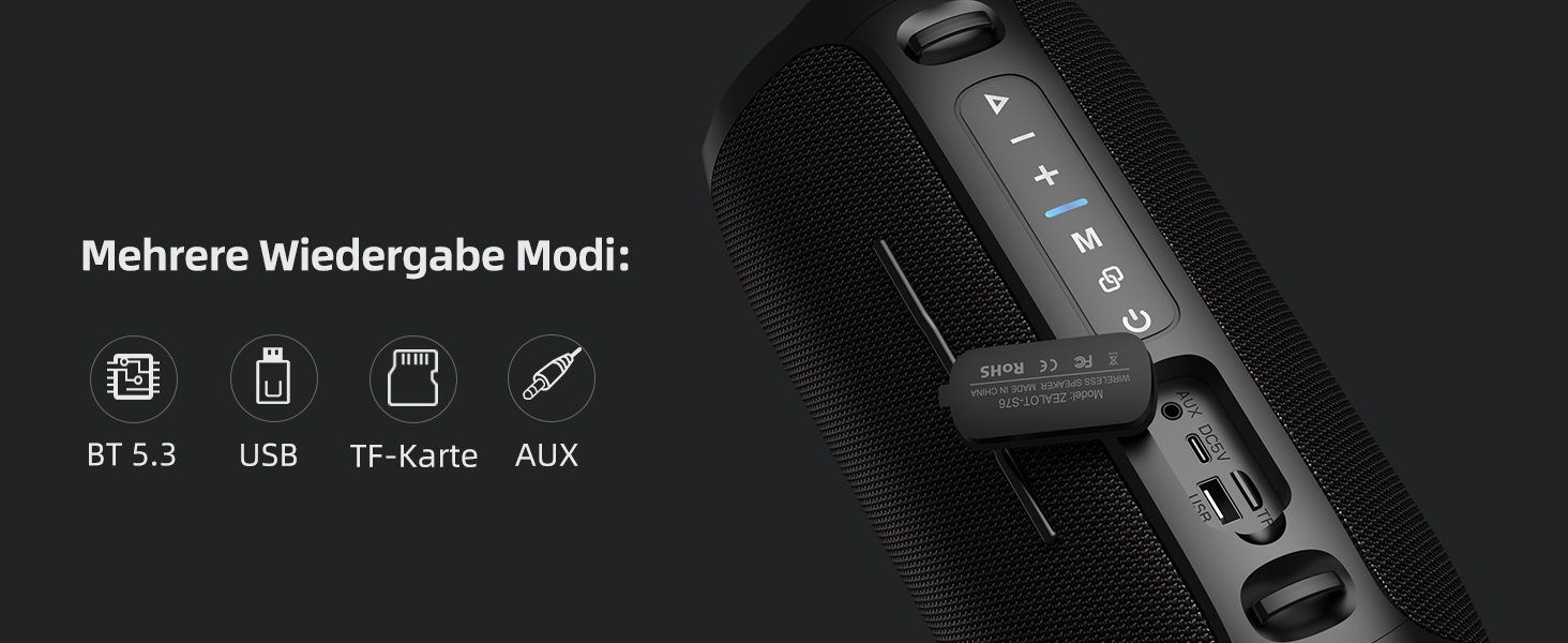 ZEALOT Bluetooth колонка 60W (70W пік) з підсвіткою, портативна, USB/Micro SD/AUX, Bluetooth 5.3, IPX6 водонепроникна, подвійне з'єднання, стереозвук для телефону, пляжу