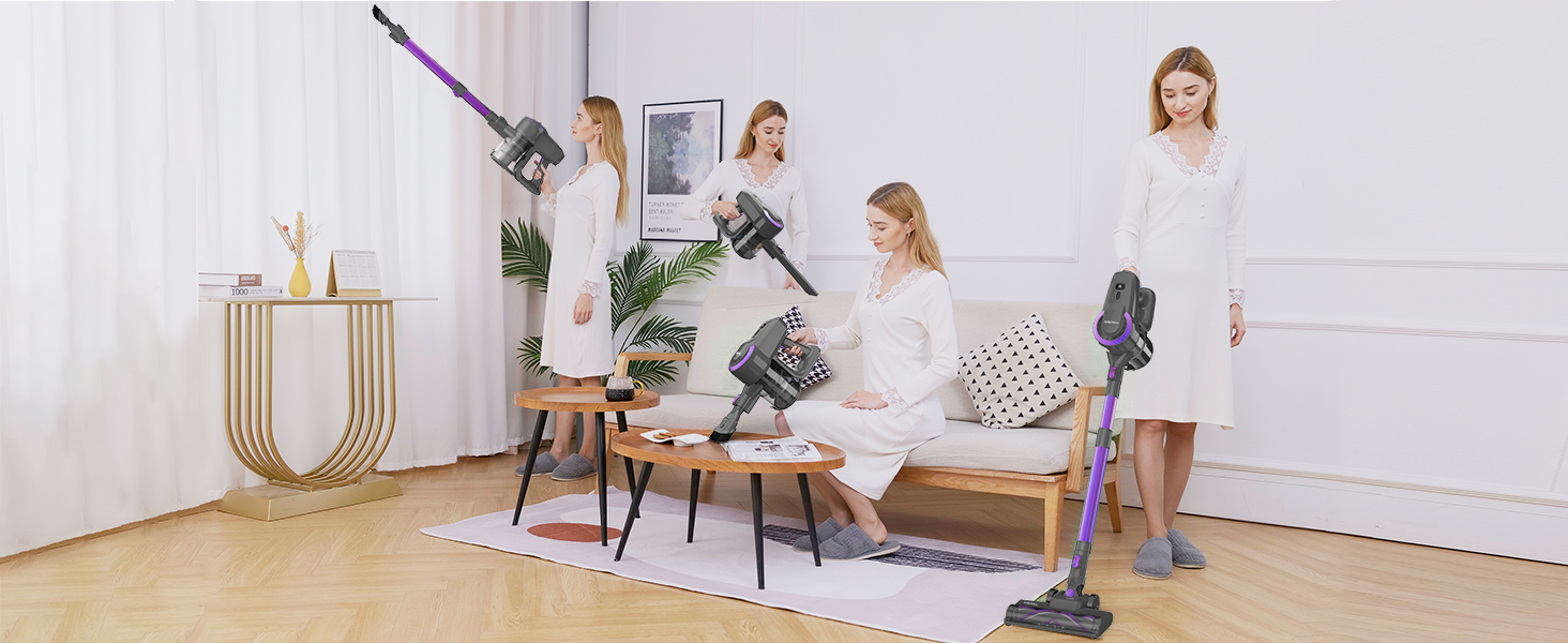 Бездротовий акумуляторний пилосос 25000Pa з антизаплутувальною насадкою та самостійним паркуванням. Підходить для килимів, твердих підлог та видалення шерсті тварин. (Фіолетовий)