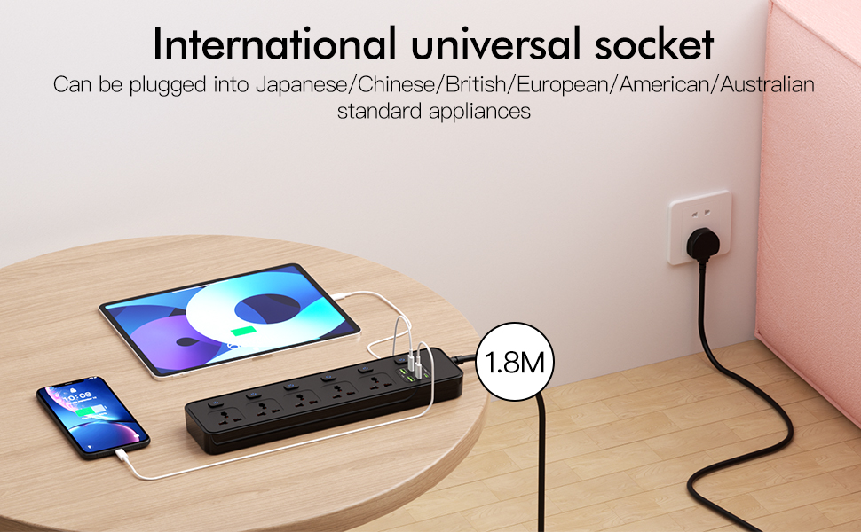 Мережевий фільтр Steckdose Universal з індивідуальними вимикачами, 5 розеток, 3250W, кабель 1.8м, 4 x USB-C 20W та 2 x USB-A, мережева стрічка