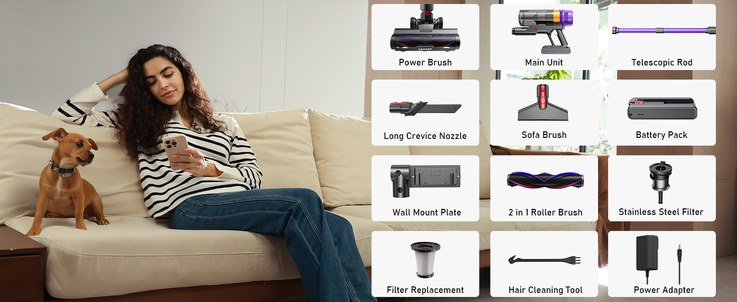Бездротовий акумуляторний пилосос для видалення шерсті тварин, 1.8 л з дисплеєм, 55000 Па/620 Вт/75 хв, самостійна підставка, антизаплутувальна щітка, для килимів/твердих підлог/автомобіля