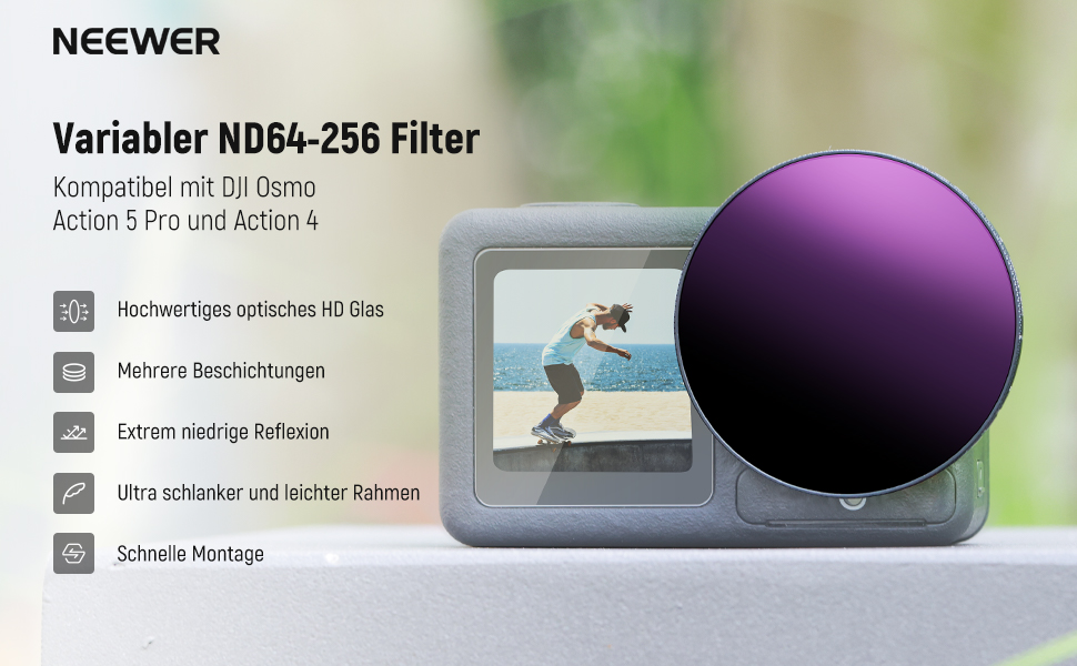 NEEWER Набір фільтрів ND для DJI Osmo Action 3/4/5 Pro, 6 шт. (ND8, ND16, ND32, ND64, ND1000, CPL), аксесуари для екшн-камери
