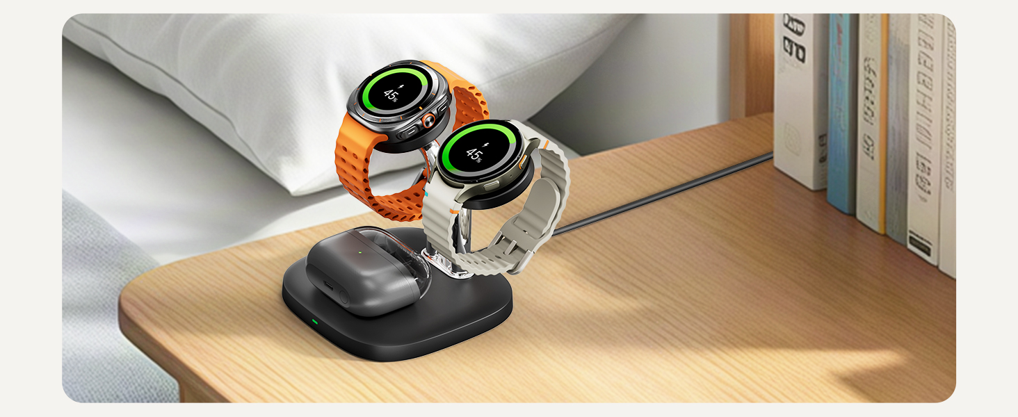 Зарядна станція SwanScout 704S Dual для Samsung Galaxy Watch 8/8 Classic/7/Ultra/6/6 Classic/5/4/3/Active 2 та Galaxy Buds 3/3 Pro/2 Pro/Buds+ (Чорна)