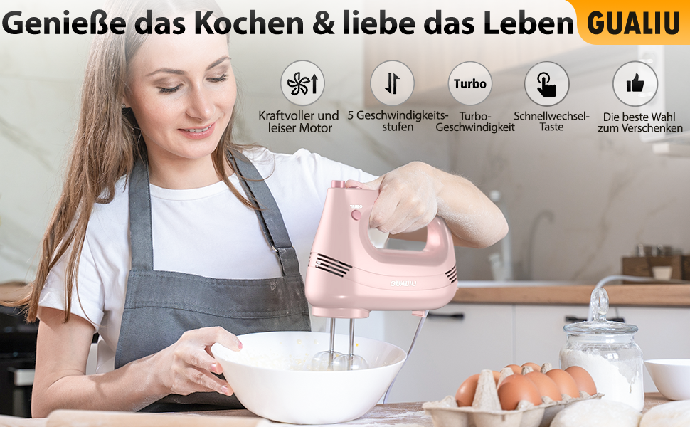 Електричний ручний міксер з нержавіючої сталі, вінчики та гаки для тіста, 5 швидкостей, Turbo Boost, для випічки, тортів, яєць та збивання (РОЖЕВИЙ)