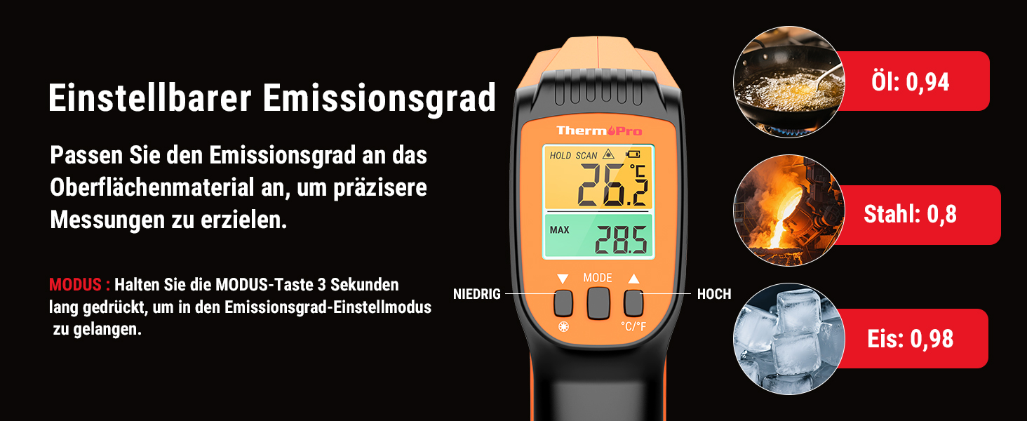 Інфрачервоний термометр ThermoPro TP30 з лазерним цільцем -50°C ~ 550°C, вимірювання MAX/MIN/AVG, для вимірювання температури поверхонь (не для вимірювання температури тіла)