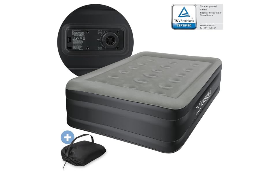 Надувна матрац для 2 осіб ML-Design 203x157x47 см з електричним насосом, сертифікат TÜV, для кемпінгу та гостей, сірий