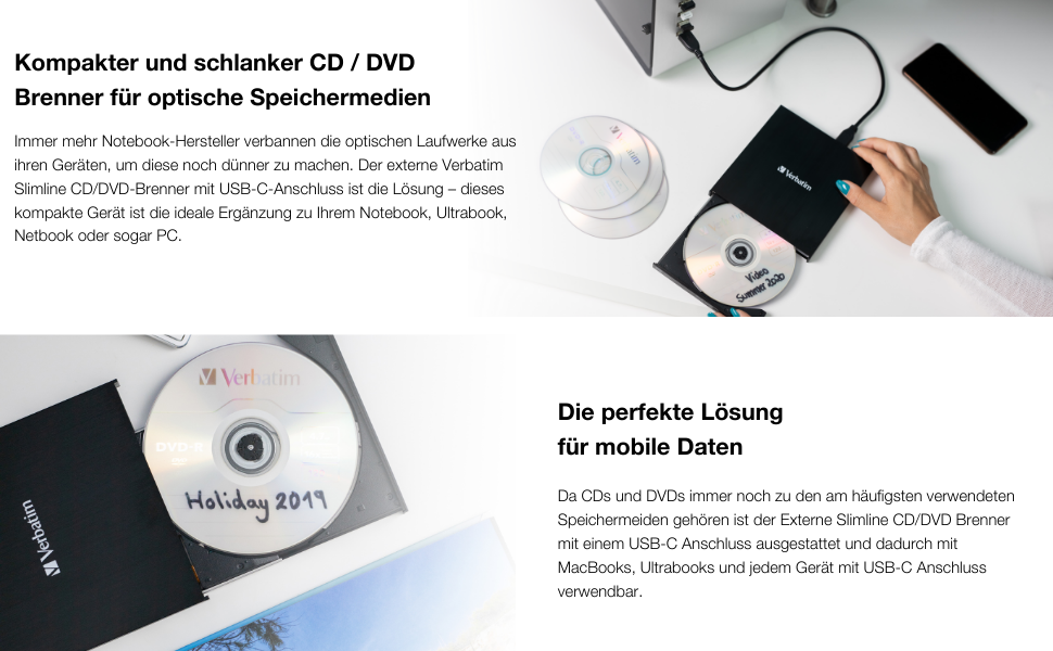 Зовнішній тонкий CD/DVD-записувач Verbatim USB-C USB 3.2 Gen1 з кабелем USB-C на USB-A, компактний привід для ноутбука