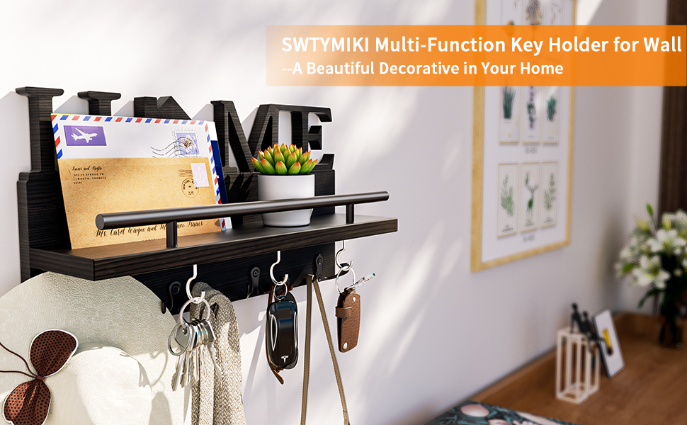 Дерев'яне ключниця-органайзер на стіну з полицею, 7 гачків, чорний, для дому
