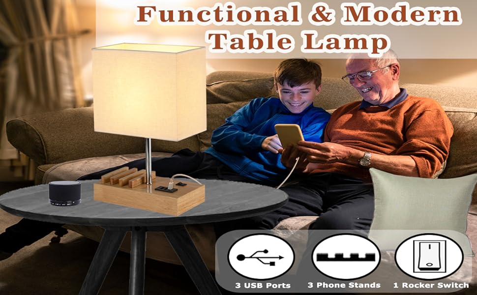 Настільна лампа Dreamholder з 3 USB-портами (A+C), підставкою для телефону, для спальні, вітальні, офісу, з натуральним дерев'яним цоколем та тканинним абажуром