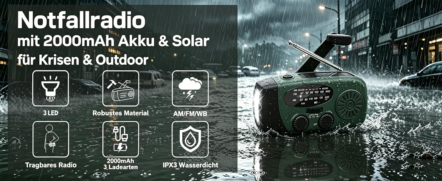 Радіо Solar-Radio 2000mAh на сонячній батареї/AM/FM, з ручним заводом, SOS-сигналом, LED-ліхтарем + USB-зарядка, водонепроникне для кемпінгу, туризму, надзвичайних ситуацій (оливково-зелене)