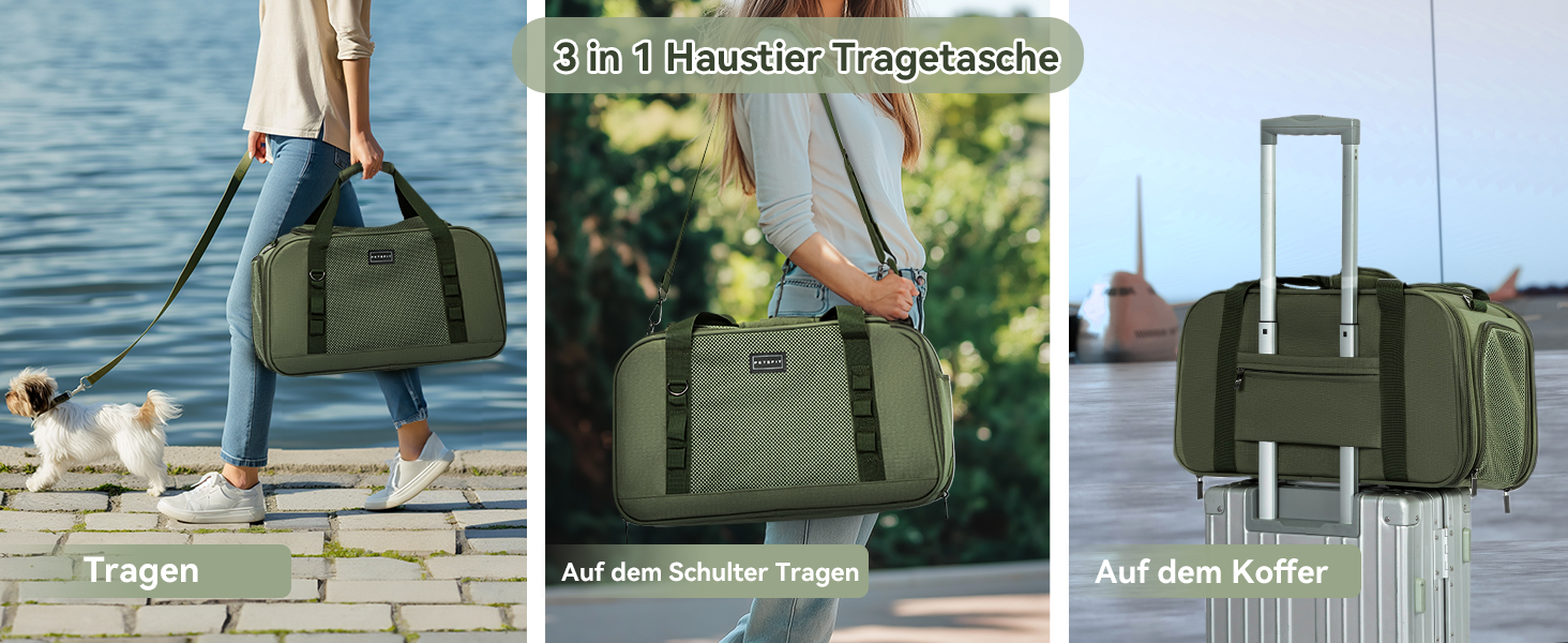 Транспортна переноска для кота та собаки Petsfit - міцна, дихаюча, з ковдрою та ручкою-телескопом, оливковий (49x23x28 см)