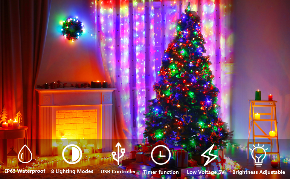 Лямпас LED 3x3м: 300 LED, тепле світло, 8 режимів, IP65, для дому та саду, декор для вечірки, весілля, Різдва