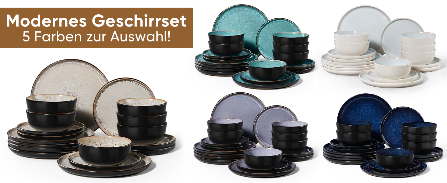 Набір посуду HaWare на 6 осіб, 18 предметів: тарілки, десертні тарілки, миски. З реактивною глазур’ю, стійкий до миття в посудомийній машині та використання в мікрохвильовій печі, бежевий колір.