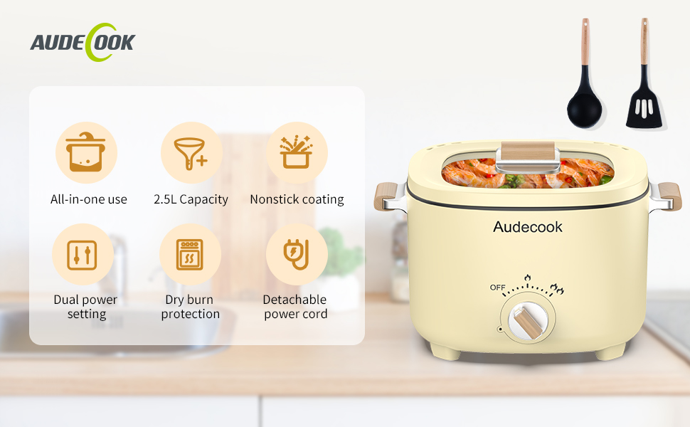 Електричний хот-пот Audecook 2.5L: мультиварка для 1-3 осіб з антипригарним покриттям (бежевий)