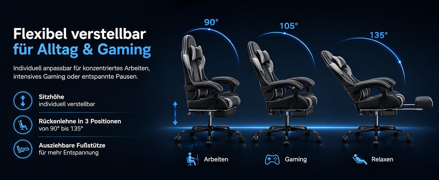 Ігрове крісло Gamer з підставкою для ніг та підголівником, ергономічний геймерський стілець з підтримкою попереку, витримує до 200 кг (Чорно-біле)