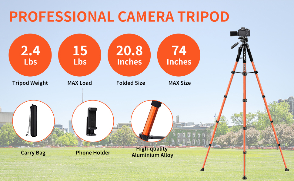 Штатив ZOMEi 188 см - важкий, для професійного відео та фото, сумісний з DSLR, телефонами, проекторами, біноклями, телескопами (чорний, помаранчевий)