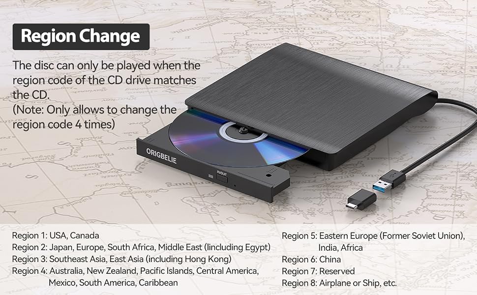 Зовнішній DVD-записувач ORIGBELIE USB 3.0, портативний CD-ROM привід +/-RW для ноутбука, ПК, MacBook, Windows, Linux