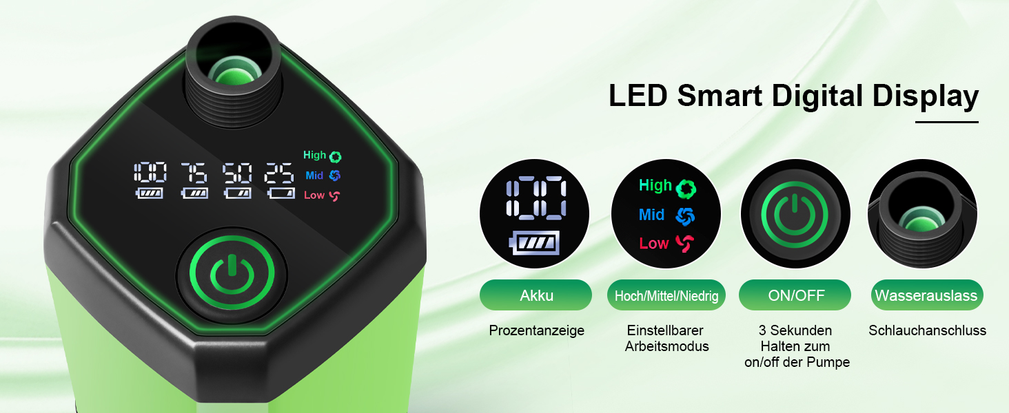 Портативна електродушова система Campingdusche з акумулятором 4500mAh, IPX7, дисплей, для кемпінгу, відпочинку на природі, автомийки, зелена