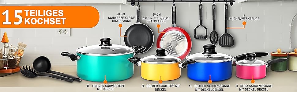 Набір каструль та сковорідок NutriChef 15 предметів, антипригарне покриття, для всіх плит, PFOA/PFOS free, придатний для миття в посудомийній машині, кольоровий