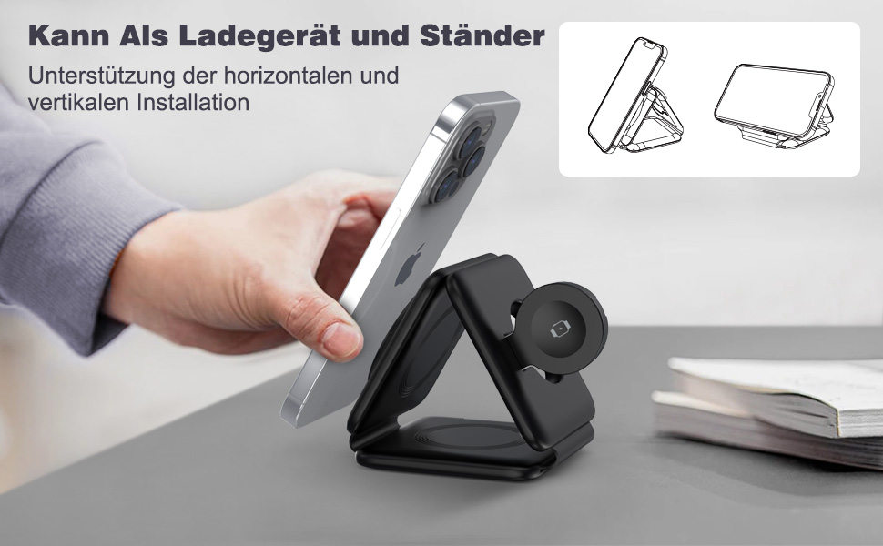 Зарядна станція MagSafe для iPhone: бездротовий зарядний пристрій 3-в-1, сумісний з iPhone 16/15/14/13/12 Pro Max Plus, iWatch, чорний