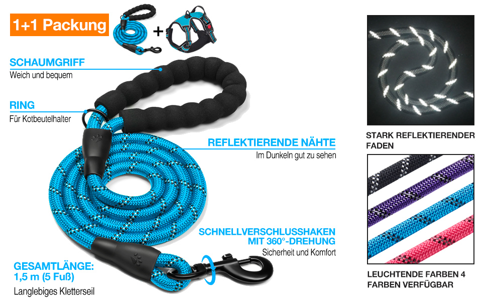 Нашийник для собак Haapaw без натягу, регульований, світловідбиваючий, Оксфорд, зручне керування, середній розмір, міцна собача лінія, синій (1 шт.)